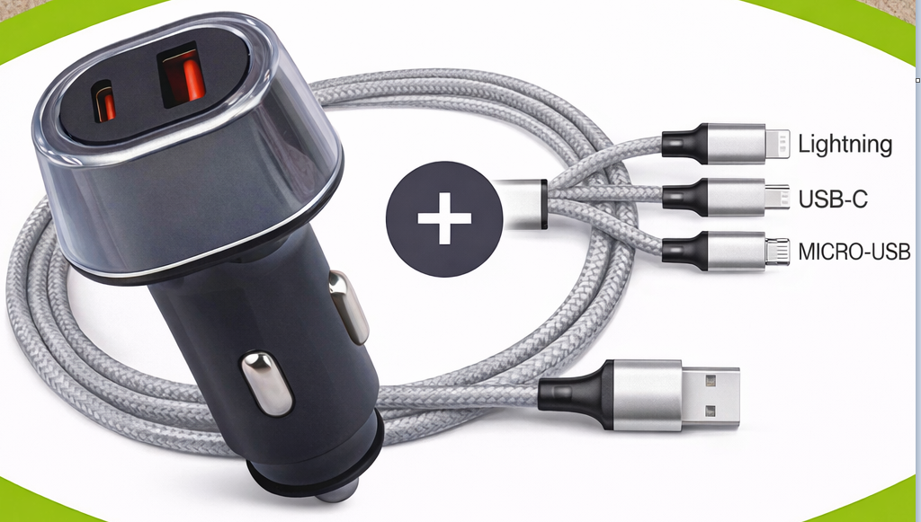 Pack chargeur de voiture 30W Total + câble de charge 3 en 1