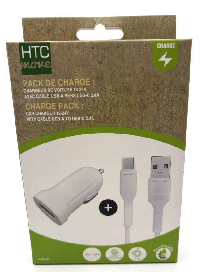 Pack chargeur allume cigare 12V / 24V USB A&nbsp; 2.4 A&nbsp; avec câble USB-C 1 m&egrave;tre