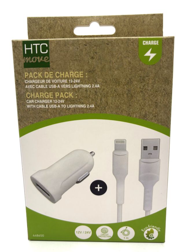 Pack chargeur allume cigare 12V / 24V USB A&nbsp; 2.4 A avec câble iPhone 1m&egrave;tre