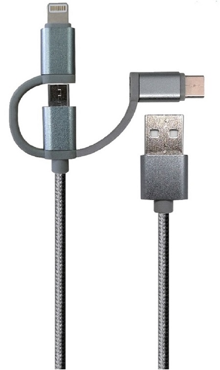 Câble 3 embouts charge et donn&eacute;es 2A  USB A vers Micro USB / iPhone / USB C