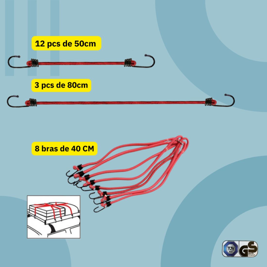 PACK CHARGEMENT SECURISE : 12 Sandows 50cm+3 sandows 80cm+1pieuvre