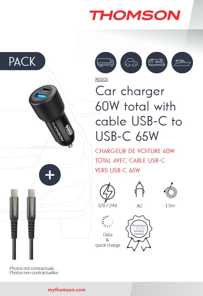 PACK CHARGEUR DE VOITURE 60W TOTAL 12V/24V AVEC CABLE  USB-C VERS USB-C 65W 1.5m