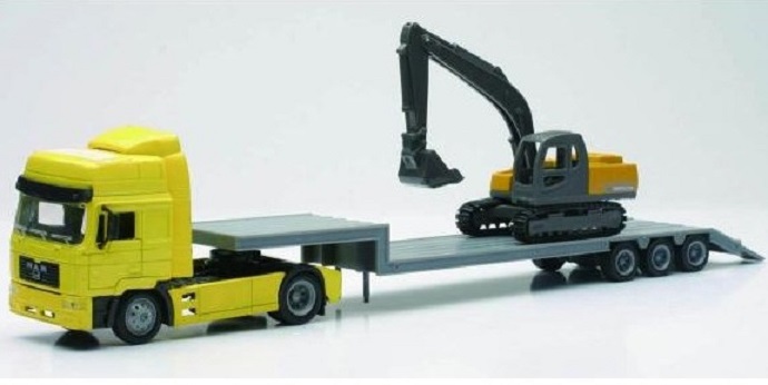 Camion 1/43&egrave;me MAN jaune avec engin de chantier