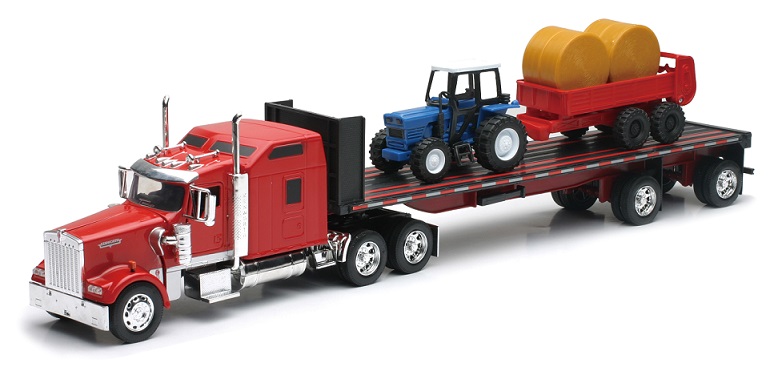Camion 1/32&egrave;me KENWORTH W900 remorque plate avec tracteur et foin