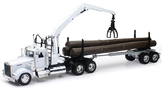 Camion 1/32&egrave;me KENWORTH W900 remorque plate transport bois avec grue