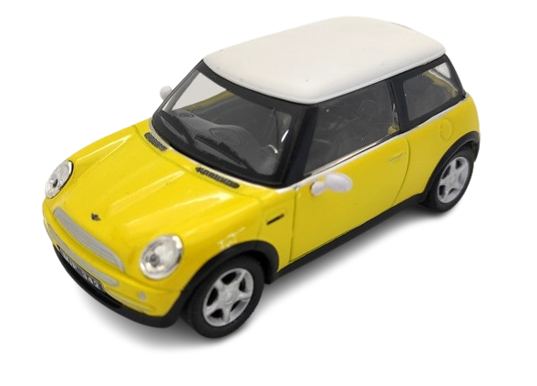 MINI COOPER CARARAMA 1/43&egrave;me jaune, toit et r&eacute;troviseurs blanc