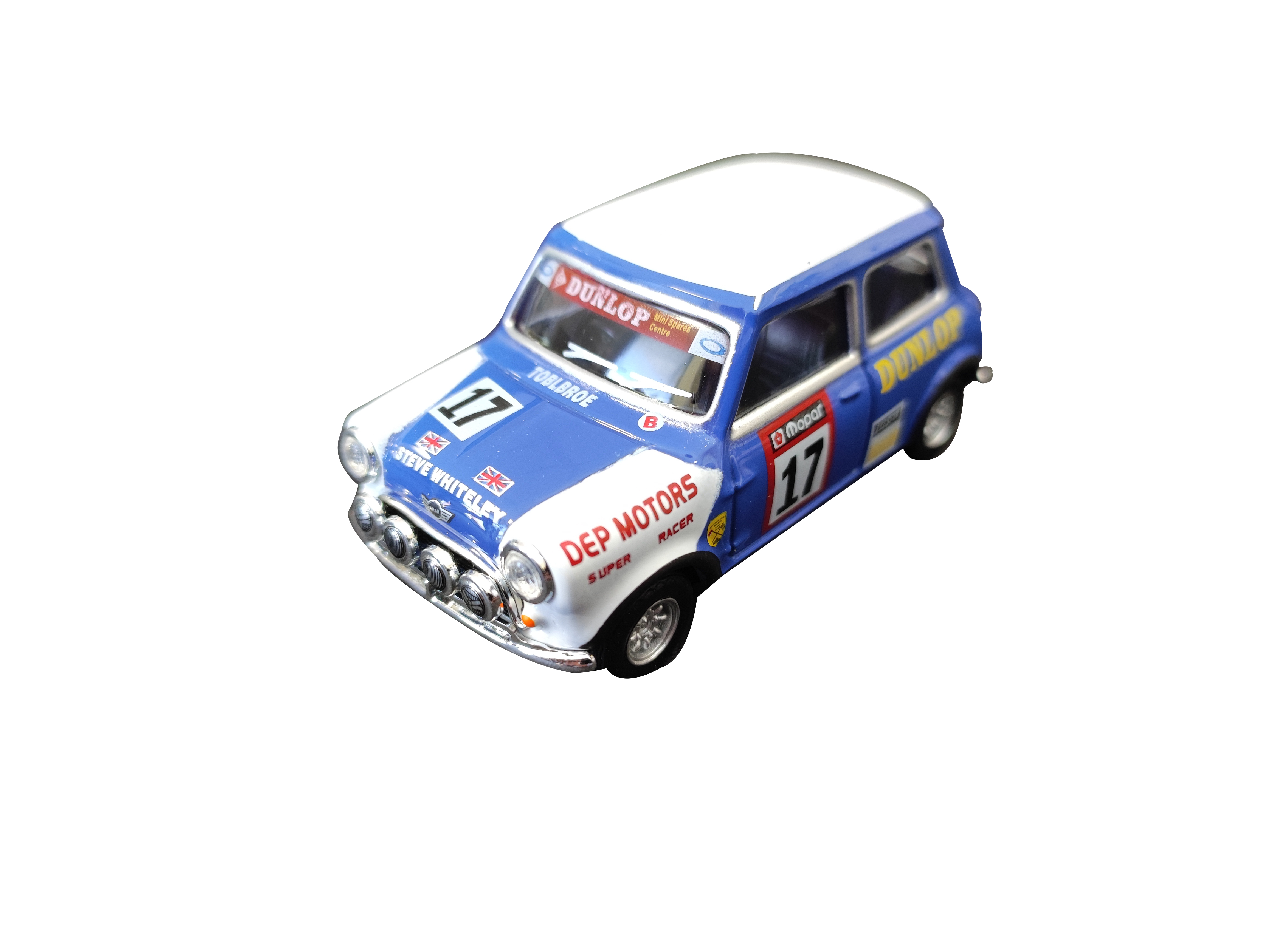 Voiture Mini Cooper racing bleu et blanc 1/43&egrave;me