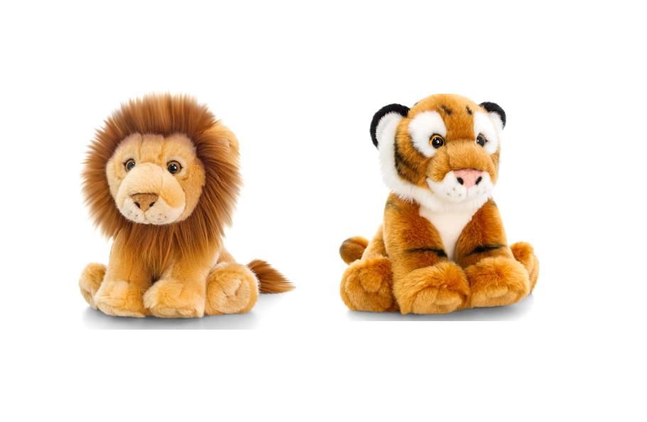 Assortiment 2 peluches fauves 18cm tigre et lion
